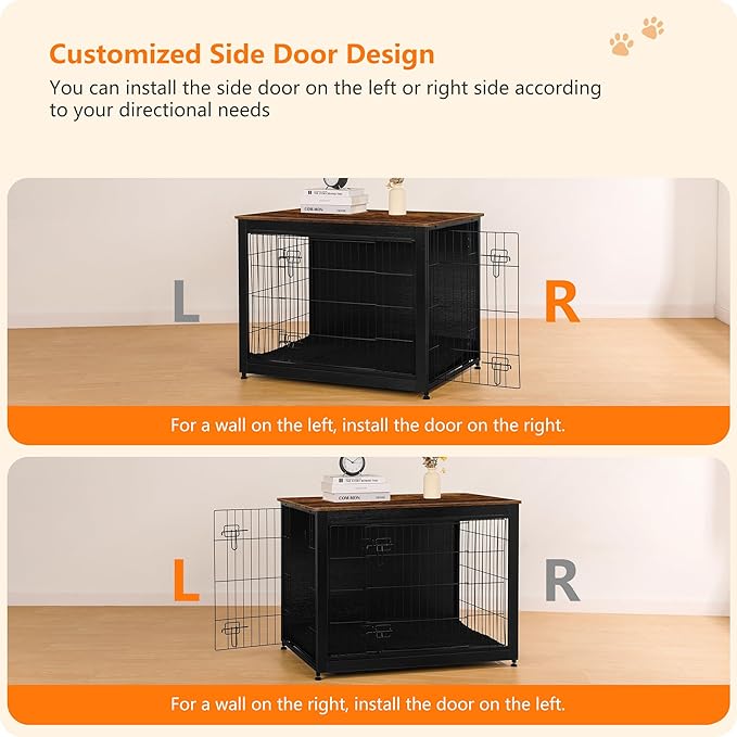 DWANTON Dog Crate Furniture with Cushion, Wooden Kennel Table with Double Doors, Indoor Dog House, Large Size, 38.5" L, Black+Rustic Brown-PawvioPets