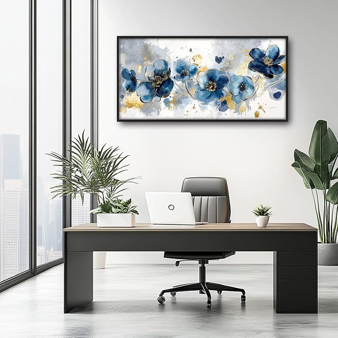 Extra Large Framed Abstract Blue Flower Wall Art,Oversized Golden Grey Floral Wall Decor Pictures for Living Room,Canvas Print Painting Modern Artwork Bedroom Office Bathroom Home Decor 60L" x 30W"-PawvioPets