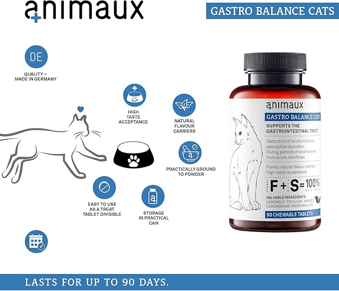 animaux - Gastro Balance for Cats, Supports Gastro-intestinal Tract, Prevents Diarrhoea, Constipation, Hairballs & Flatulence, supplementary probiotics, 90 chewable Tablets, 90 Days Supply-PawvioPets