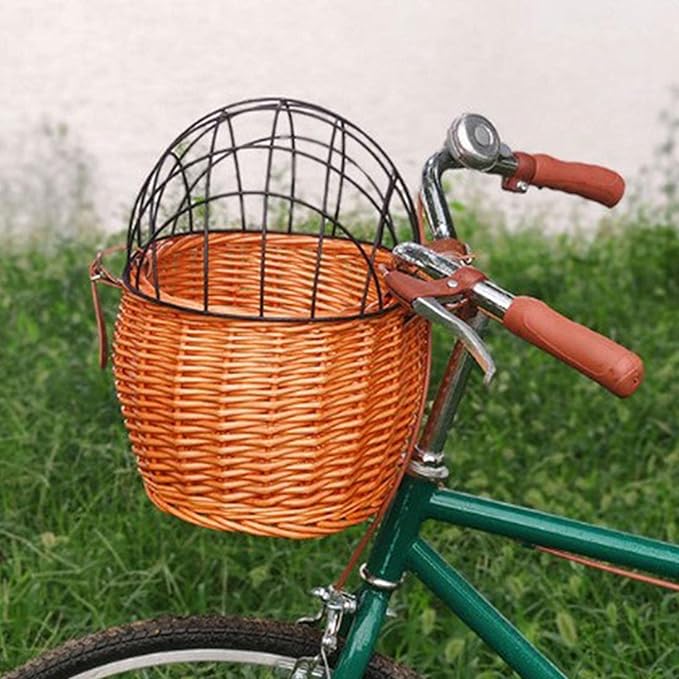 Bike Pet Basket, Wicker Bike Basket for Small Dogs Cats Pet Carrier Front Basket with Wire Mesh Cover and Lid, Wicker Basket for Dogs and Cats, Rattan Storage Basket, 11.81 * 9.84 inch (A)-PawvioPets