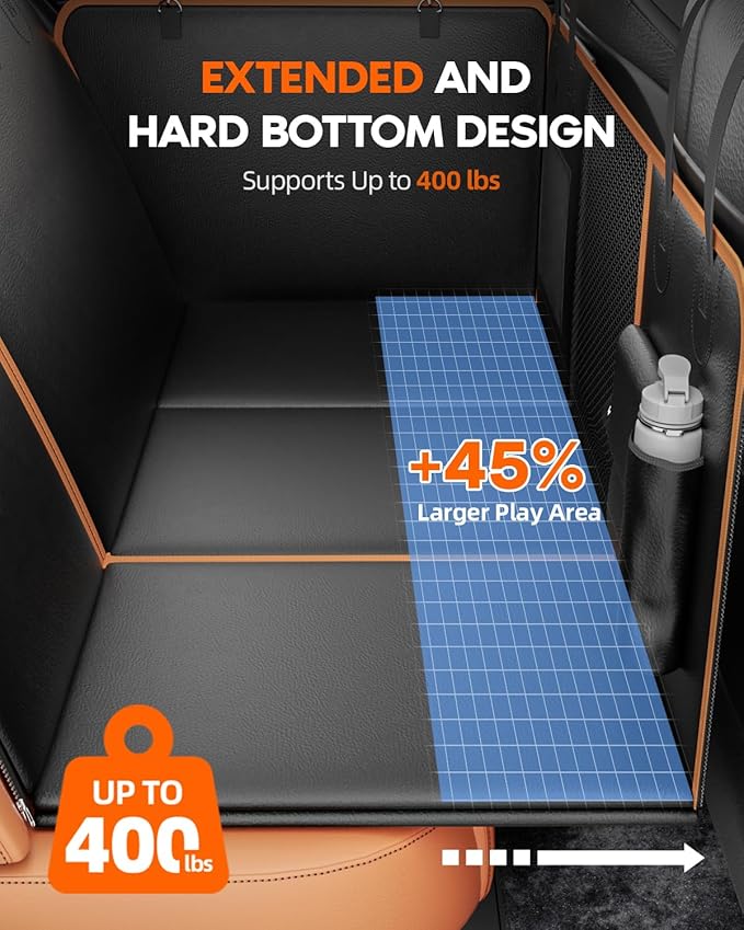 6-in-1 Leather Dog BackSeat Extender, Hard Bottom 40/60 Split Waterproof Car Back/Front Seat Cover, Rear Hammock Carseat Protector, Large Size Pet Mat for SUV/Truck/Cargo, Vehicle Bed Travel Accessory-PawvioPets