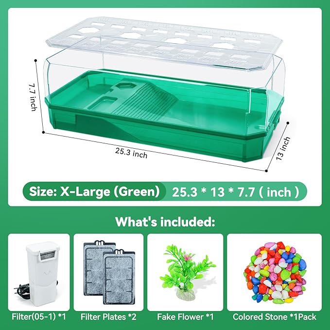 Aquatic Turtle Tank Habitat Kit Stone+Filter+Heat Lamp Enhancing Interaction with 360° Viewing, Standalone Filtration, DIY Creative Zone, Enriched Living (Green, XL[Without Light])-PawvioPets