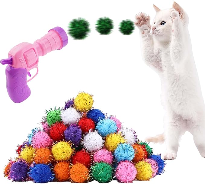 102Pcs Cat Toy Gun Launcher - 100 Sparkle Pom Pom Balls and 2 Ball Launchers, Interactive Fetch Toy Shooter for Indoor Cats and Kitty-PawvioPets