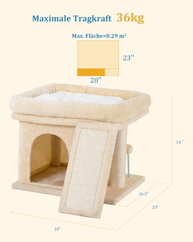 14in Cat Tree Tower with Large Perch, 20 * 16.5 Inch Top Bed for Adult Cats, Scratching Post with Bed for Kittens, Beige-PawvioPets