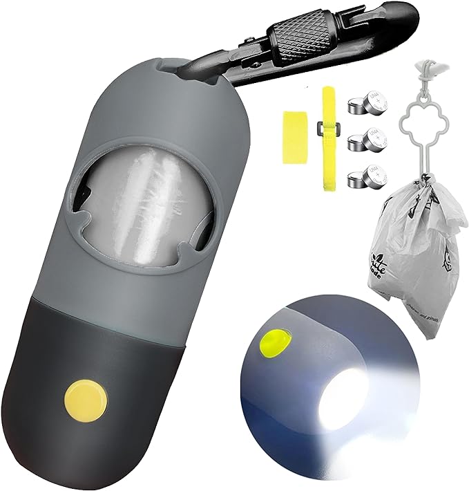 Dog Poop Bag Dispenser with Built-in LED Flashlight and Metal Clip for Leash, Pet Waste Bag Holder, Dog Walking Accessory (Black)-PawvioPets