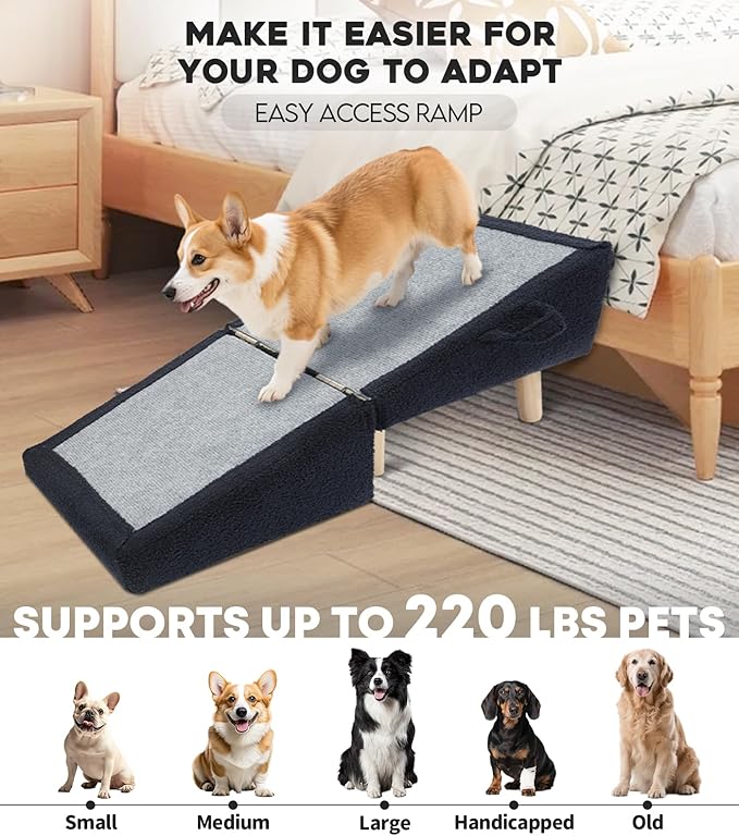 Dog Stairs for Small Dogs and Cats – 2-in-1 Dog Ramp for Bed and Couch, 16.5'' Foldable Wooden Pet Steps, Sturdy Multi-Use Split Ottoman Design, Dark Blue-PawvioPets