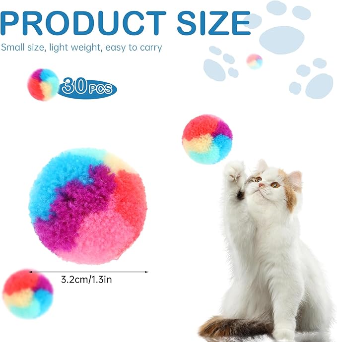 30 Pcs Soft Plush Cat Ball 1.2-inch Rainbow Cat Toy Balls Fuzzy Kitty Balls Kitten Puff Balls Colorful Cat Pom Pom Balls for Cat Kitten Pet Playing Exercising-PawvioPets