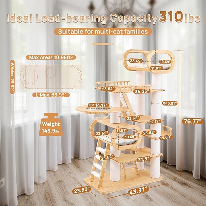 77‘’ Modern Cat Tree, Tall Wood Cat Tower for Indoor Cats Large Adult, Heavy Duty Cat Tree with Scratching Post, Luxury Kitty Condo, Sturdy Cat Furniture with 1 Transparent Bed and 3 Climb Labber-PawvioPets