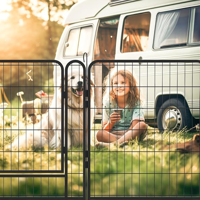 Dog Playpen, Outdoor Dog Fence, 16 Panels, 32" H Dog Pen for Medium/Small Dogs, Heavy Duty Metal Pet Fence with Gate, Portable Dog Fence for RV Camping and Yard (Black)-PawvioPets