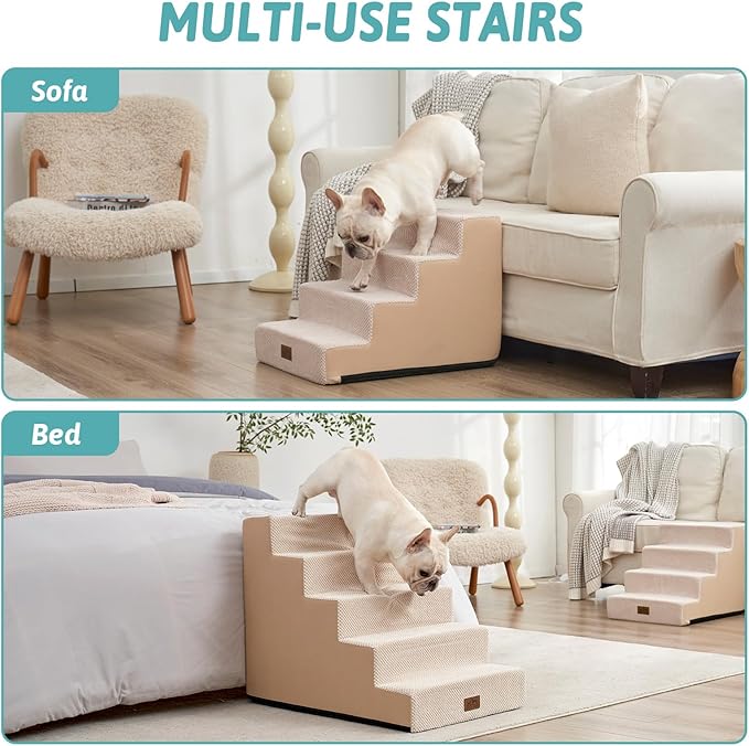 Dog Stairs for Small Dogs, 5 Tier Wider Pet Stairs for High Beds, 23.6" H Non-Slip Dog Steps for Old Cats, Puppies, Small Medium Dogs, 29.5x19.7x23.6 inch, Beige-PawvioPets