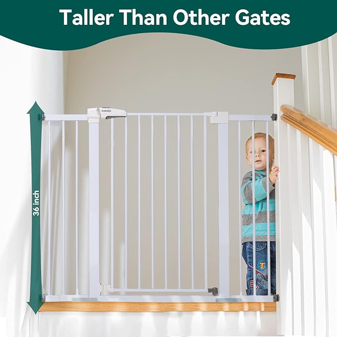 BABELIO 36" Tall Baby Gate, 29-48" Auto Close Pressure Mounted Dog Gate for Stairs, Doorways & Hallway, Protector Basics Easy Walk Thru Pet Gate, Metal Child Gate with 2*Y Spindle Rods, White-PawvioPets