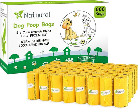 Dog Poop Bags Rolls-600 Counts, 40Rolls, Biodegradable Poop Bags Made of Cornstarch, 100% Leak Proof and Easy to Open (Yellow)-PawvioPets