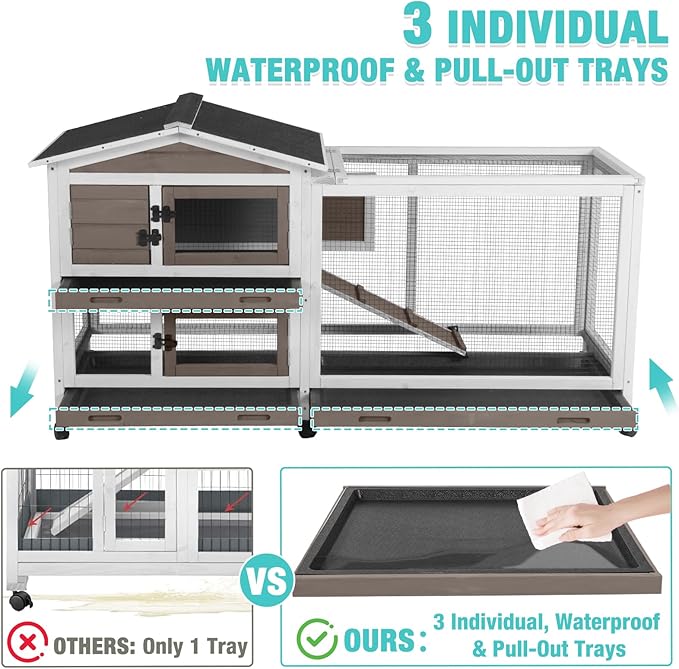 62" Rabbit Hutch with Chew-Proof Ramp & Waterproof Roof - Indoor/Outdoor Bunny Cage, 2-Story Design, 6 Lockable Caster Wheels & Dual Pull-Out Trays (Brown)-PawvioPets