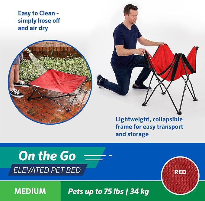 Coolaroo On-The-Go Elevated Dog Bed - Foldable Pop-Up Travel Dog Bed with Breathable, Moisture-Resistant Fabric, Carry Bag Included, Lightweight & Portable, Red, Medium-PawvioPets