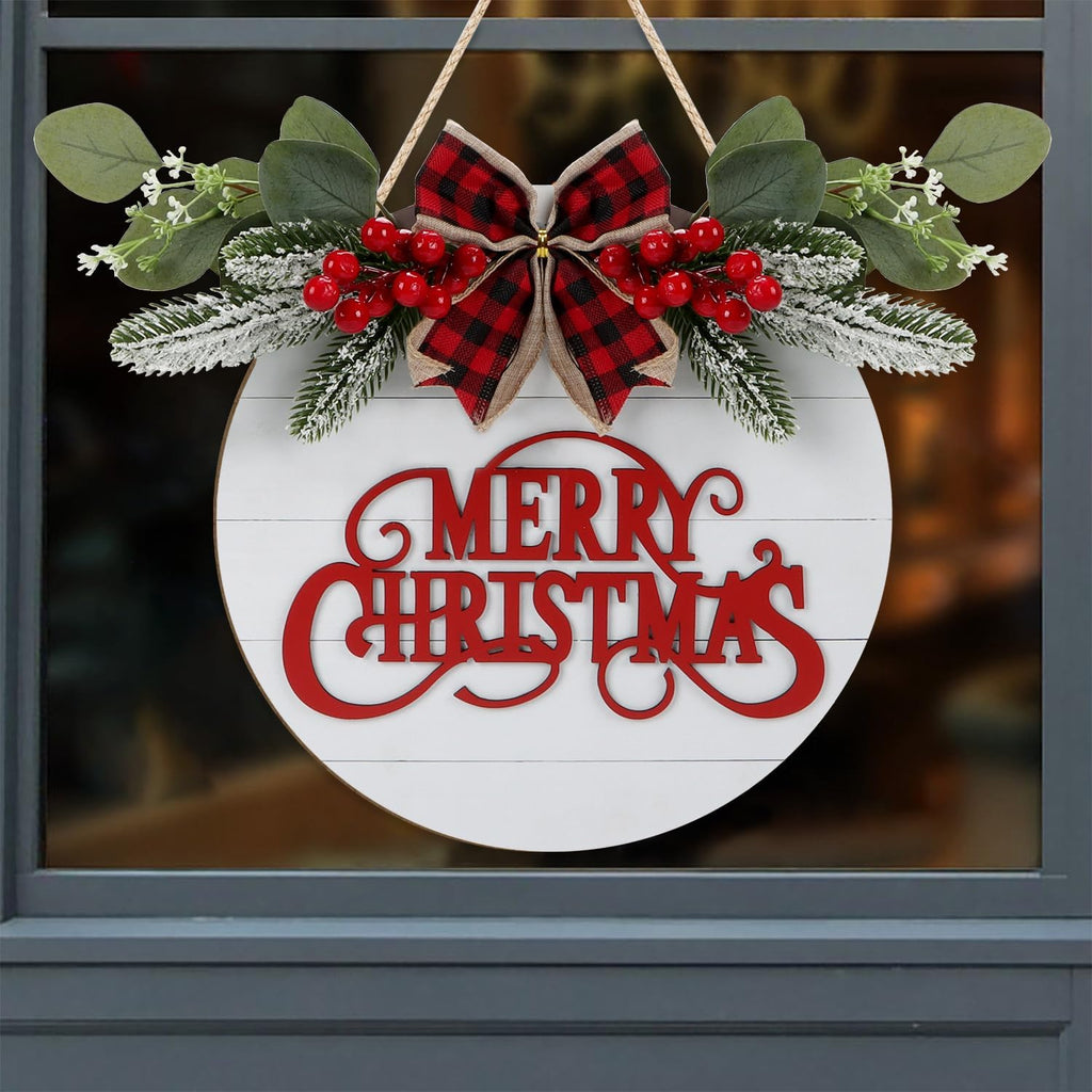 CHDITB Cute Merry Christmas Wooden Front Door Wreath(11.4”x11.4”), Farmhouse 3D Christmas Decor Hanging Sign with Red Plaid Bow Berries Mistletoe, Housewarming Gift for Xmas Winter Holiday New Year