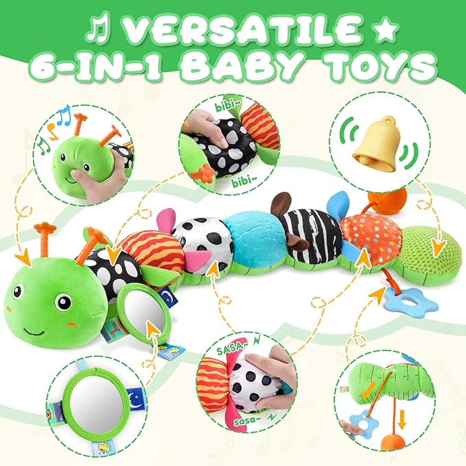 Baby Toys 0-6-12 Months,Musical Caterpillar Stuffed Animals Activity Infant Toys with Crinkle,Rattles,Mirror&Pull String,Muti-Sensory Toys Gifts for Newborn Tummy Time,Kelly Green|Leafy-PawvioPets