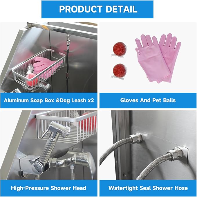 Dog Washing Station 50" Dog Grooming Tub with Right Stair& Faucet, Stainless Steel Dog Bathing Station for Home,Dog Bathtub for Large,Medium,Small Pets-PawvioPets