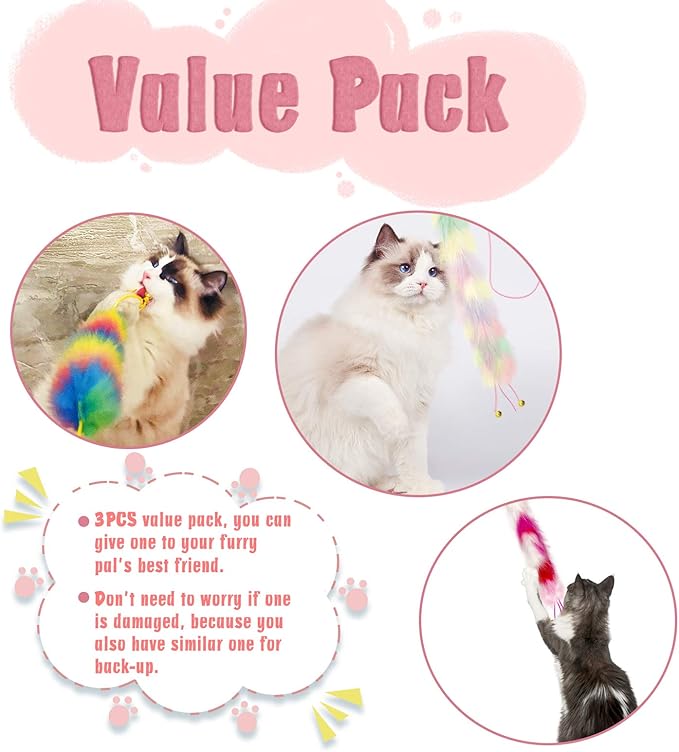 3 Pack Cat Wand Toy, Rainbow Cat Feather Toys with Bells, Teaser Wand with Soft Furry Tail, Interactive Toys for Indoor Cats & Kitten & Kitty-PawvioPets