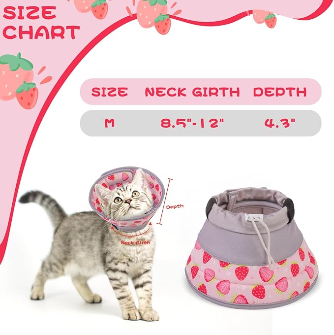 EXPAWLORER Cat Recovery Cone Collar- Soft Adjustable Pet Collar for After Surgery, Waterproof Elizabethan Protective Collar, Stop Licking Donut for Small Medium Kittens (Strawberries M (8.5-12 in))-PawvioPets