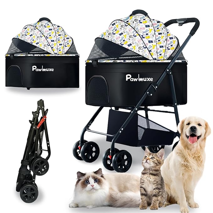 4 Wheels Pet Stroller 4 in 1 Pet Stroller with Detachable Carrier for Small & Medium Dogs Cats up to 55 lbs Easy-Folding Travel Dog Wagon with Car Seat Breathable Mesh,White Cartoon-PawvioPets
