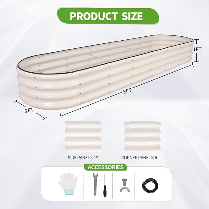 Galvanized Raised Garden Bed - 8x2x1FT Metal Planter Boxes Outdoor | Oval Steel Raised Bed Kit for Gardening with Protective Tape, Bracing Rods, Gloves for Vegetables, Flower, Herb (White)-PawvioPets