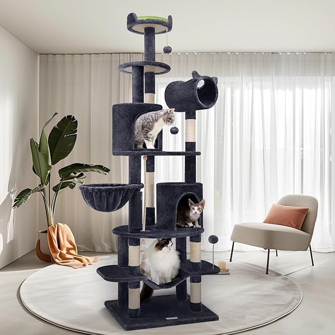 Globlazer Artistic Curved Cat Tower for Small Cats (Under 12 lbs), 81-inch Slim Design Cat Tree with Space-Saving Design, Indoor Cat Condo with Hammock & Tunnel, C81, Dark Gray, Non-Large Cats-PawvioPets