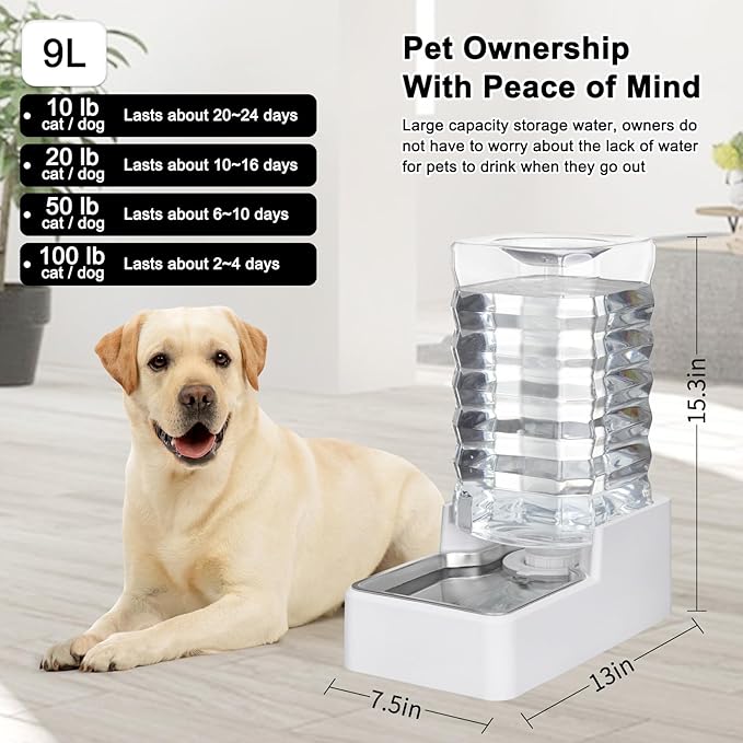 Automatic Pet Water Dispenser: 9L Gravity-Fed Stainless Steel Bowl - BPA-Free Large Capacity White Feeder for Dogs & Cats - Indoor/Outdoor Use-PawvioPets