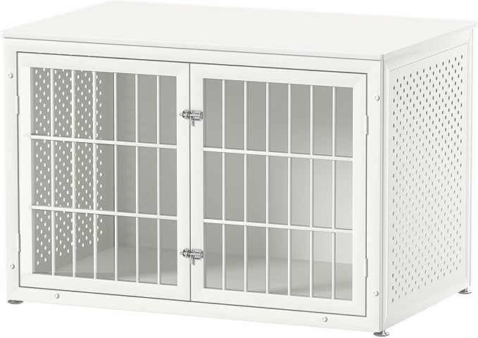 48" Heavy Duty Dog Crate Furniture for Large Dogs, Metal Cage for High Anxiety Dogs, Wooden Kennel Furniture Indoor, Decorative Dog Kennel End Table, XL,White-PawvioPets