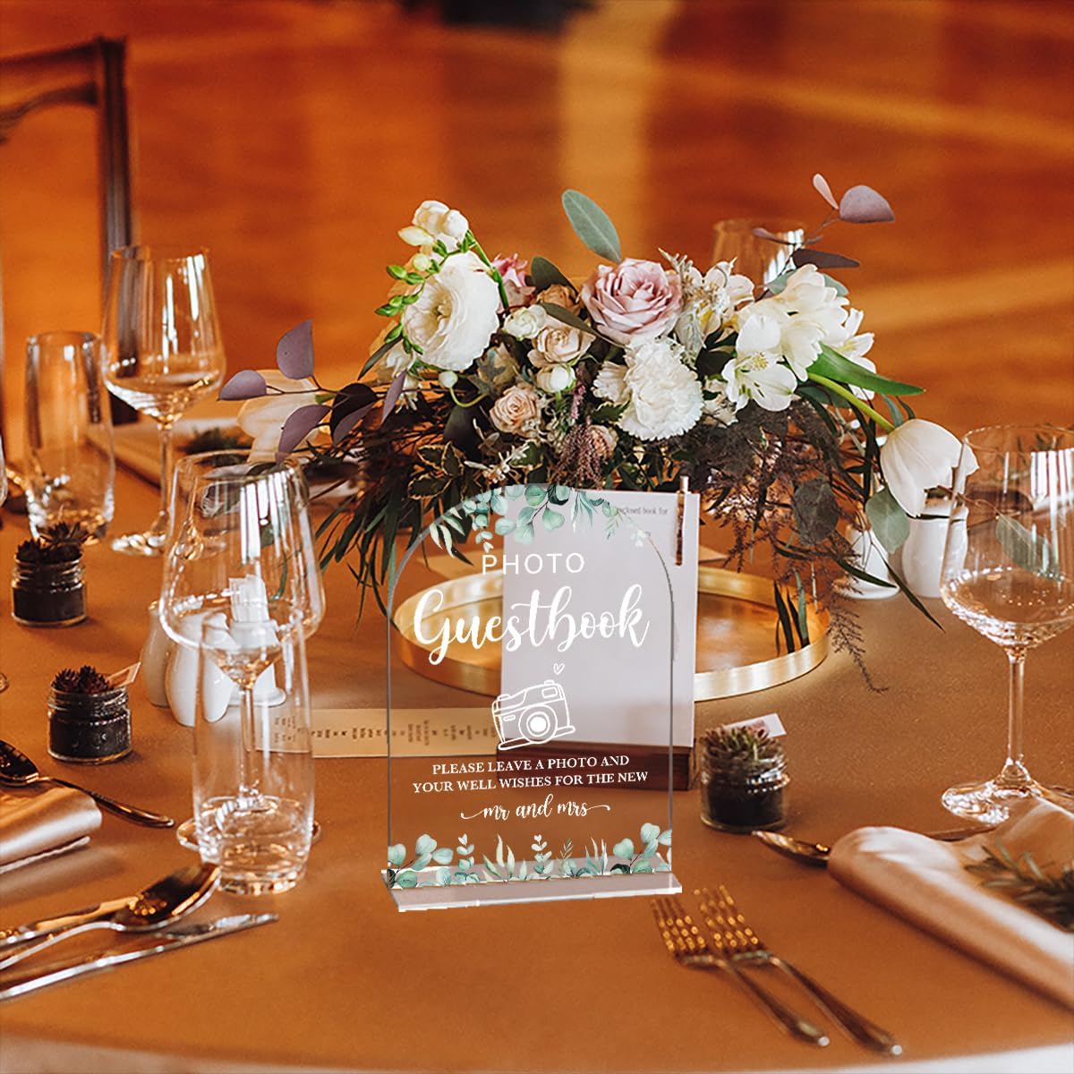 Acrylic Wedding Sign Photo Guestbook Signs for Ceremony Modern Calligraphy Arch Acrylic Table Top Signs for Wedding Reception and Event Party Table Decor (Eucalyptus Leaves)