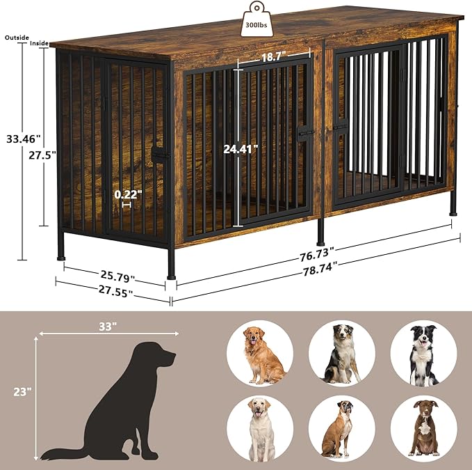 EasyCom 78 Inch Dog Crate Furniture for 2 Dogs, Extra Large Double Dog Cage Large Breed, XXL Thick Wooden Dog Crate TV Stand, Sturdy Dog Kennel with Divider-PawvioPets