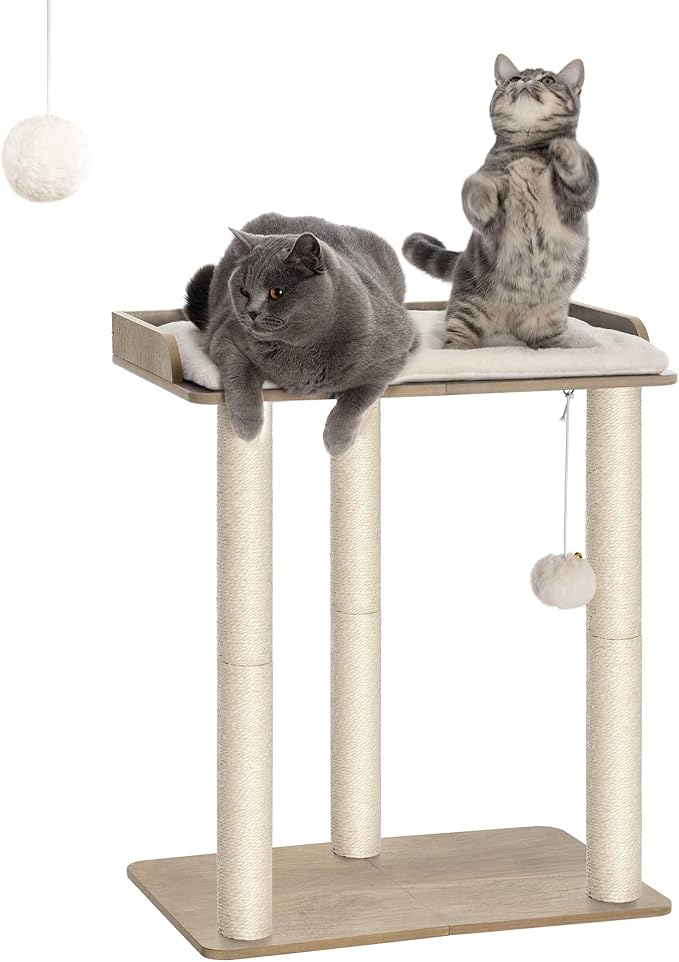 FourFurPets 26.7in Large Cat Tree Tower Condo, Cat Scratch Posts for Indoor Cats, Big Plate, Three 23.6in Full Sisal Scratching Posts, Greige-PawvioPets