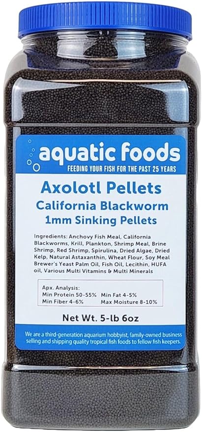 Aquatic Foods Inc. Axolotl Blackworm Pellets. 1mm-1/32 Sinking California Blackworm Micro Pellets for Baby Axolotl, Frogs, Shrimp, Salamanders, Newts, Snails…5-lbs 6oz Jar-PawvioPets