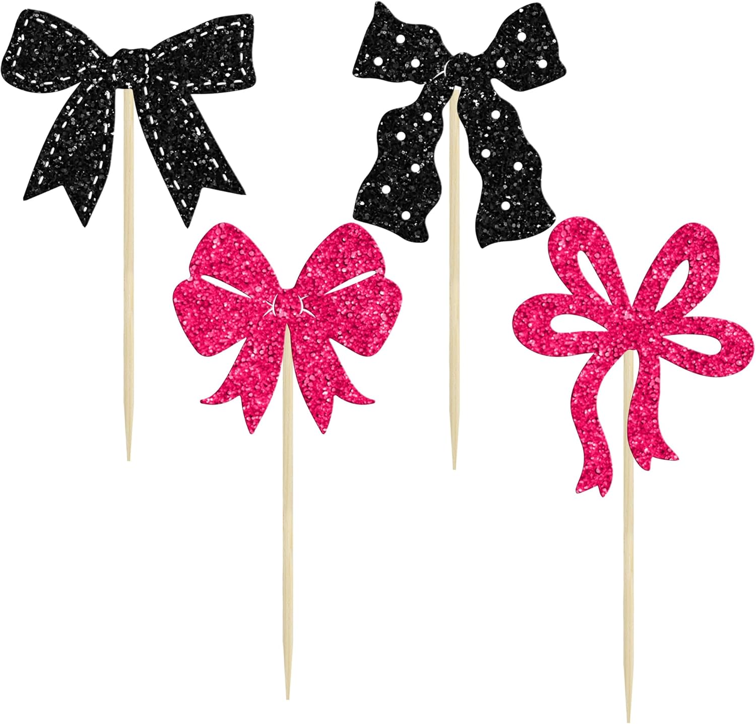 Ephlyn 24Pcs Pink Bow Cupcake Toppers Bow Birthday Cake Topper Girls Birthday Party Decorations Bowknot Cupcake Decorations for Bridal Baby Shower Birthday Wedding Themed Party Black Rose Red