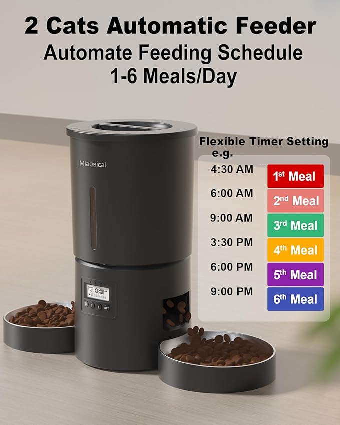 Dual Automatic Cat Feeder 2 Cats,6 Meals/Day,12 Portions/Meal,4.2L Dual Power Double Bowls Feeder,Dry Food Auto Pet Dispenser,10S Voice Record,Flexible Schedule Timer (Black,Stainless Dual Bowls)-PawvioPets