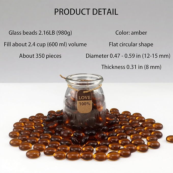 2.16LB Glass Beads Vase Filler Aquarium Gravel Decor Flat Glass Marbles Gems Pebbles Fish Tank Rocks Home Decorative Art Craft - Amber-PawvioPets