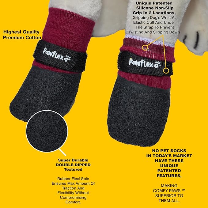 Double Dipped Thick Textured Waterproof Cotton Dog Socks | PawFlex Comfy Pawz Soft Indoor/Outdoor Pet Booties | Non-Slip Silicone Grip at Inner Wrist for No Twisting or Sliding Off| Adjustable Strap-PawvioPets