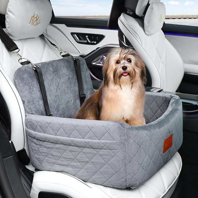Dog Car Seat for Small Dogs Under 30lbs,Comfy & Safe Travel Bed with Washable Cover,2 Clip-On Safety Leashes and Pockets,Anti-Slip Base,Easy to Install(Grey)-PawvioPets