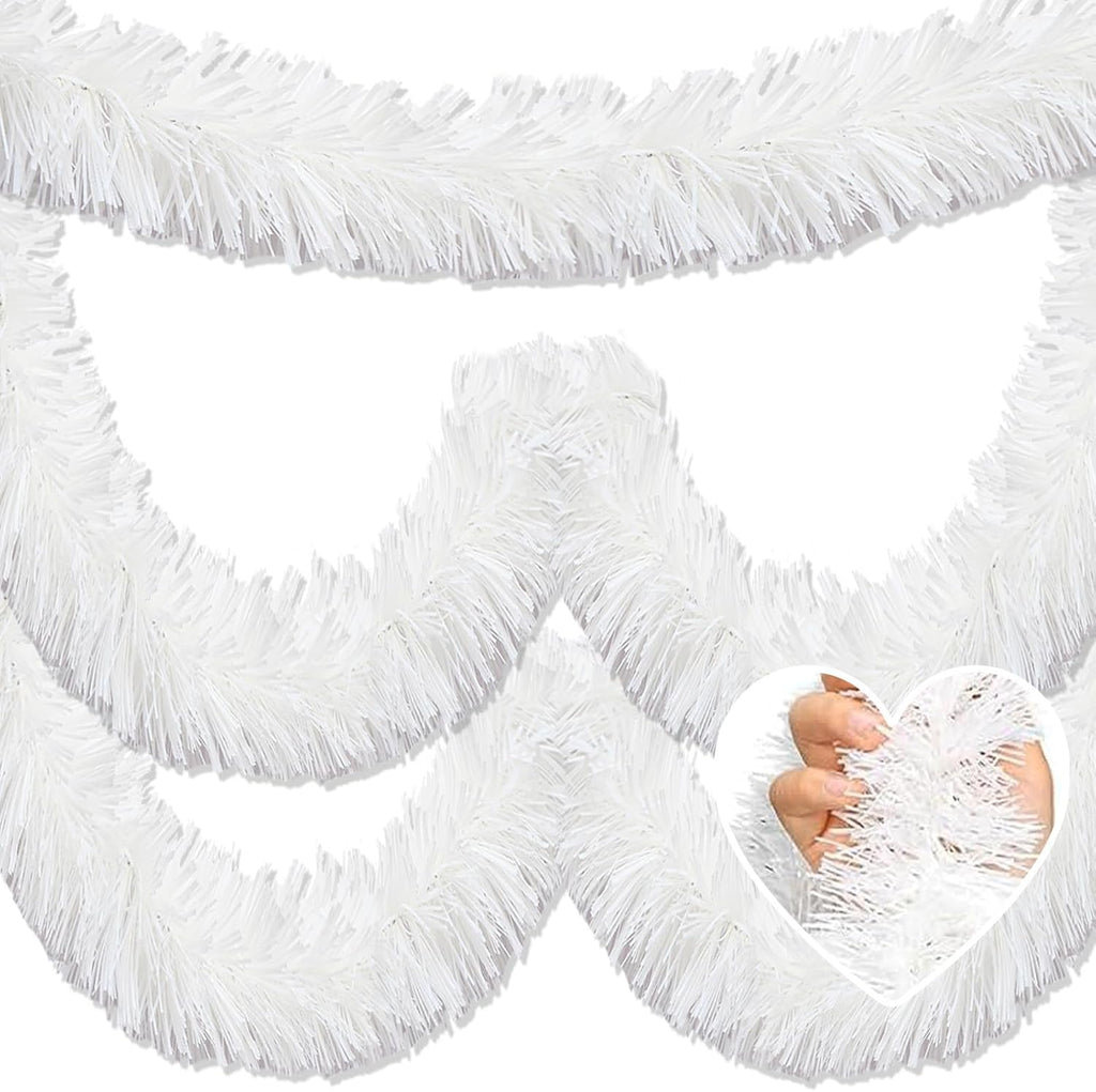 Macaron 25ft Metallic Twist Tinsel Garland - Wall Hanging Backdrop for Christmas Eve, New Year & Valentine's Day Parties (White, 4in x 25ft)