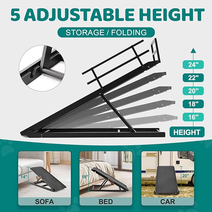 Dog Ramp for Bed, Adjustable Pet Ramps for Dog to Get on Bed, Non-Slip Rubber Surface - Folding Wooden Dog Ramp for Small/Large/Old Dogs, Adjustable up to 23.5 inch High Beds, Safety Railings-PawvioPets