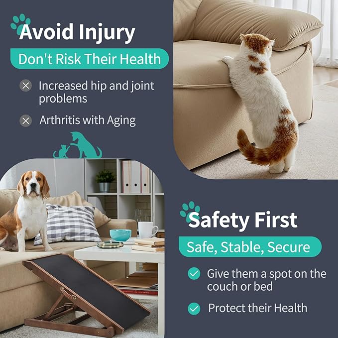 Dog Ramp, Adjustable Height Wooden Folding Pet Ramp for Bed, Couch,SUV-High Traction, Portable Paw Ramps for Small & Large Old Dogs & Cats - Furniture Quality-PawvioPets