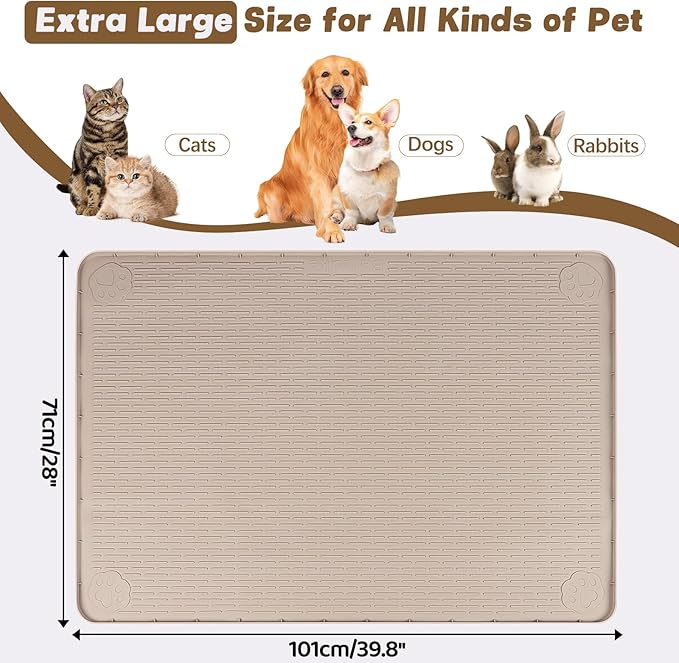 Cat Food Mat, 40" x 28" Extra Large Silicone Pet Feeding Mat with Raised Edge Pet Placemat for Food and Water Bowl Non-Slip, Easy to Clean, Floor Protection (Khaki)-PawvioPets