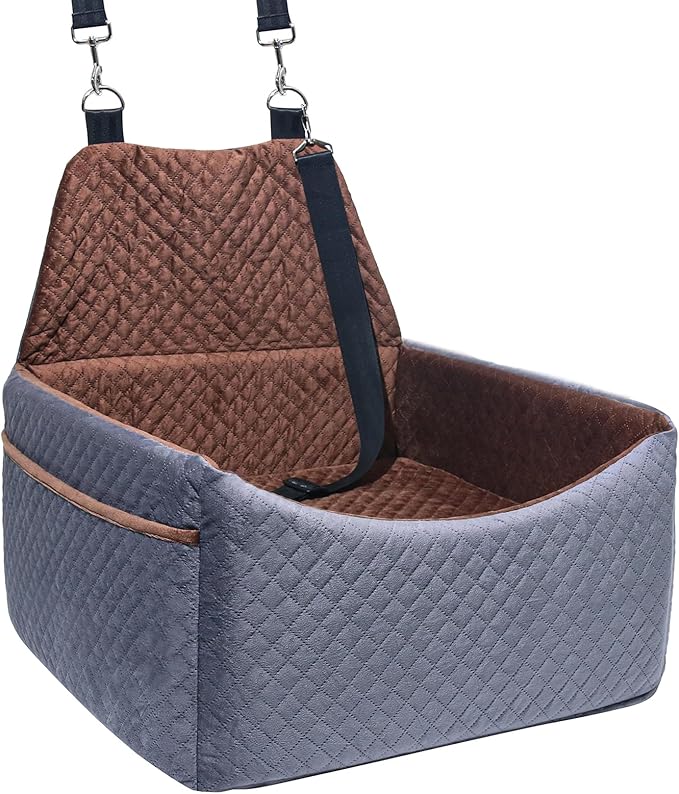 Dog Car Seat for Small Medium Dogs, Soft Fabric Dog Booster Seat with Storage Pockets, Safety Belt, Comfy Pet Car Seat Travel Bed, Removable and Washable-PawvioPets