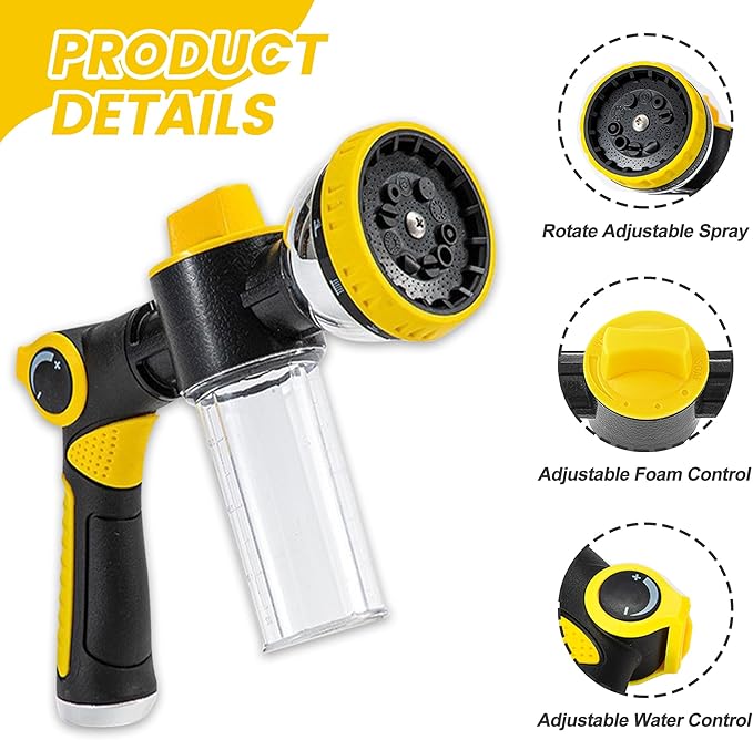 Dog Wash Hose Attachment, 10-in-1 Spray Mode Pet Shower Soap Sprayer with Grooming Comb Rubber Brush, Hose Nozzle with 100cc Soap Dispenser, for Watering, Car Wash, Dog and Horse Showering (Yellow)-PawvioPets