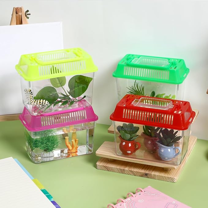 4pcs Mini Fish Tank: Portable Handheld Fish Tank Lightweight Aquarium Mini Portable Snail Terrarium Crabs Habitat for Shrimp Turtle Shrimp Goldfish Beach Toys Plastic (Random Color) 5.89X4.32X3.73In-PawvioPets