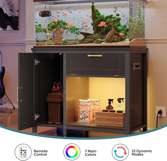Bestier 40-50 Gallon Fish Tank Stand with Power Outlet&LED Light, 37x18 Heavy-Duty Metal Aquarium Stand with Cabinet&Drawer for Accessories Storage, Suit for Reptile/Turtle Terrarium,660Lbs Capacity-PawvioPets