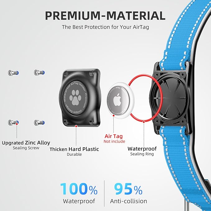 Airtag Dog Collar - 100% Waterproof Air tag Dog Collar Holder for Apple AirTag, Reflective, Soft Padded, Everlasting, GPS Dog Collar for Small Medium Large Dogs (Blue, XL)-PawvioPets