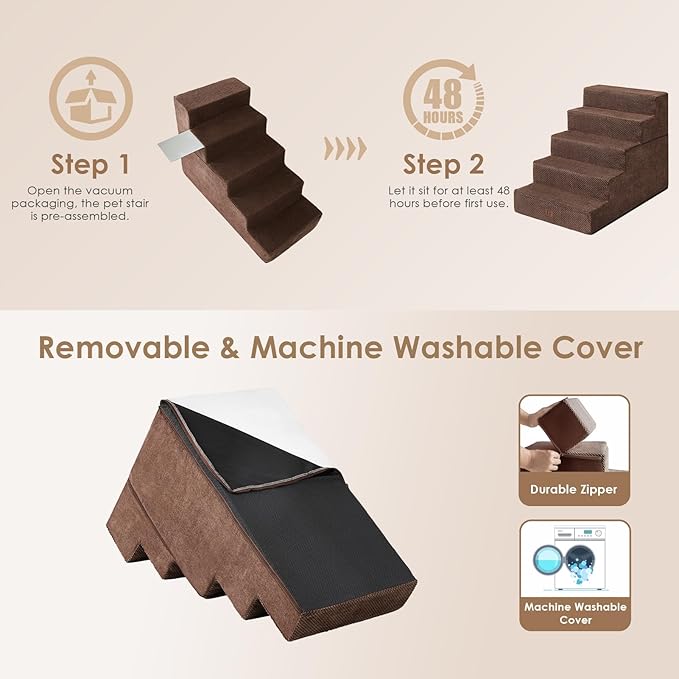 EHEYCIGA Dog Stairs for High Bed 25" H, 5-Step Extra Wide Dog Steps for Bed, Pet Steps for Small Dogs and Cats, Non-Slip Balanced Pet Ramp Indoor, Brown-PawvioPets