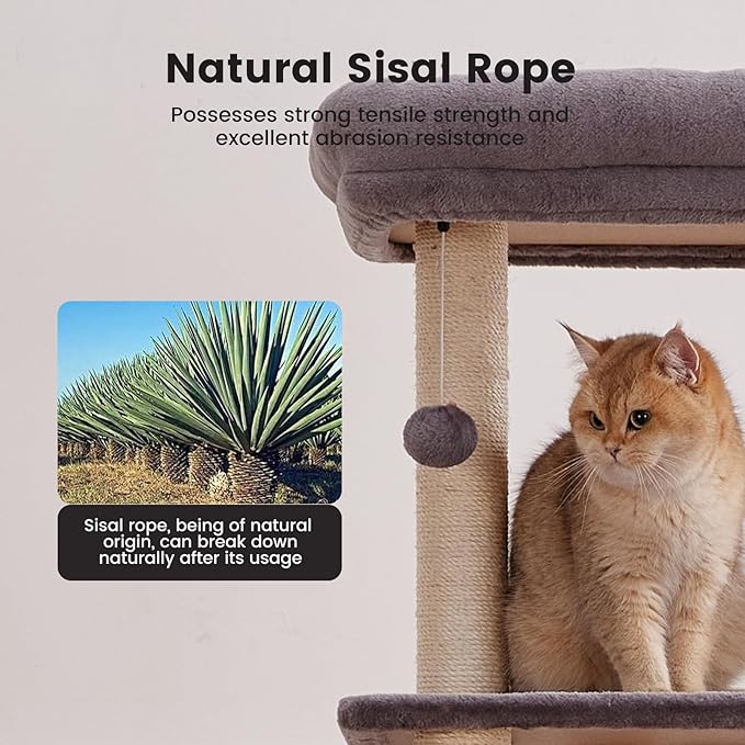Gardner Pet 65in Heavy Duty Cat Tree Tower for Large Cats, Multi-Level Cat Furniture with Replaceable Sisal Scratching Post, Hammock | Extra-Large Platform & Condo (Grey)-PawvioPets