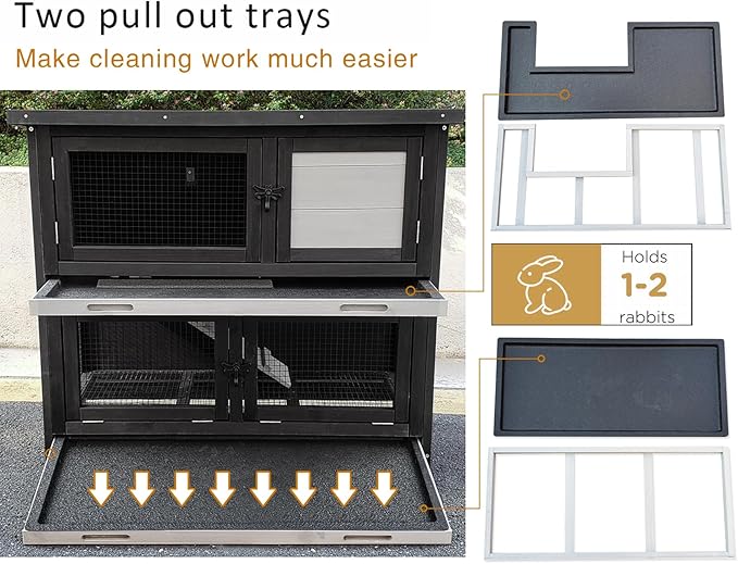 Double Level Solid Wood Rabbit Hutch Small Animal Cage for Rabbits, Guinea Pigs, Hedgehogs & Lizards Indoor/Outdoor– 2-Tier Eco-Friendly Habitat with Bedding Area, Durable & Easy to Clean-PawvioPets
