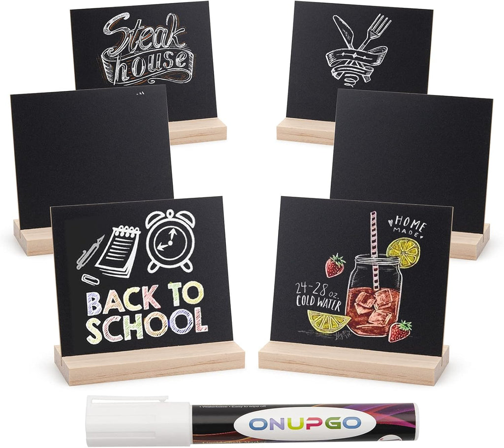 ONUPGO Chalkboard Signs with Wood Base Stands, 10X12cm Vintage Wooden Tabletop Decorative Chalkboard Sign, Message Chalkboard Sign for Party, Restaurant, Wedding, Set of 6